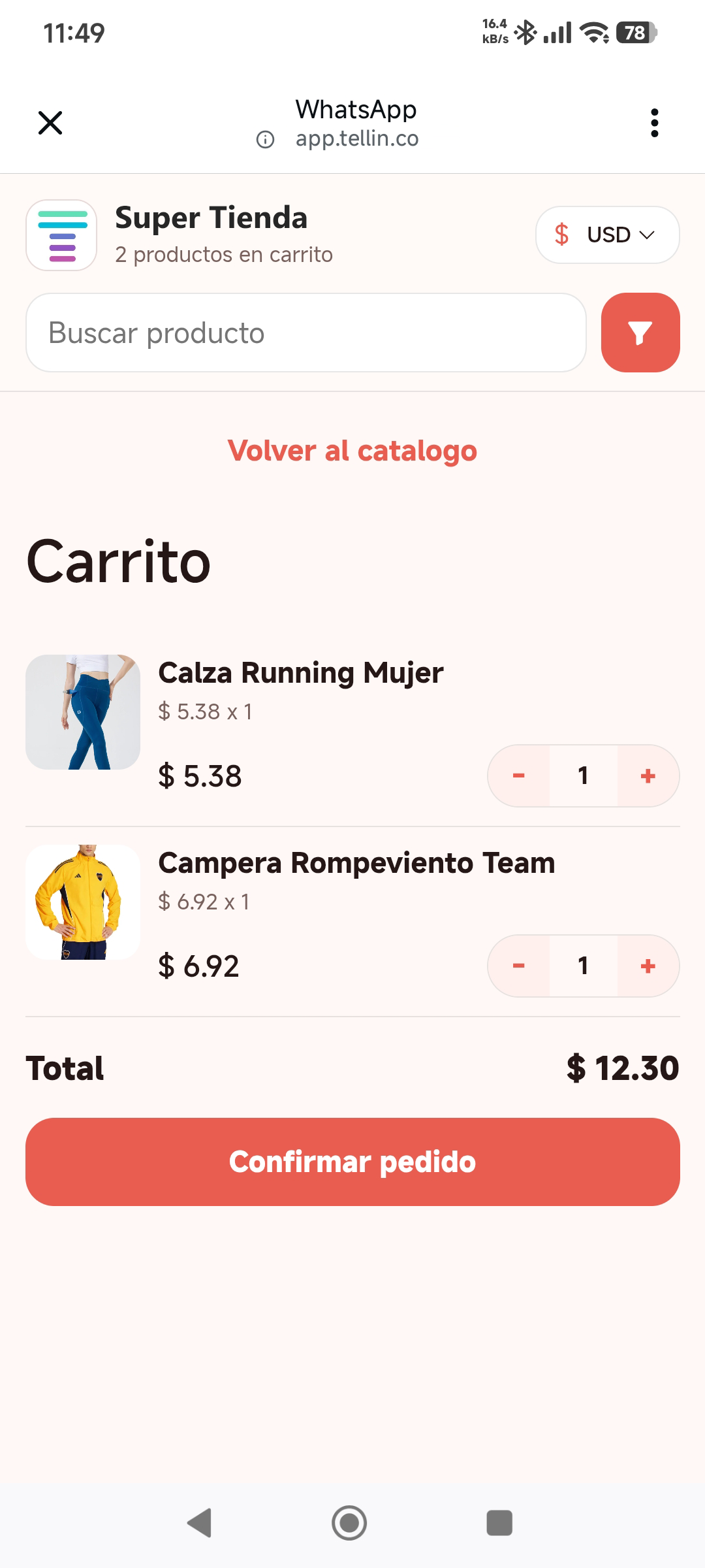Vista del carrito ecommerce en WhatsApp